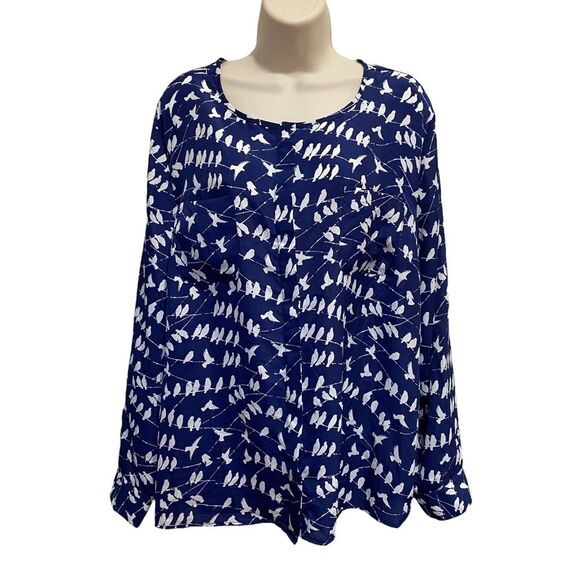 Elementz Birds on a Wire Button Front Blouse Convertible Sleeves Blue Sz XL - Picture 3 of 8